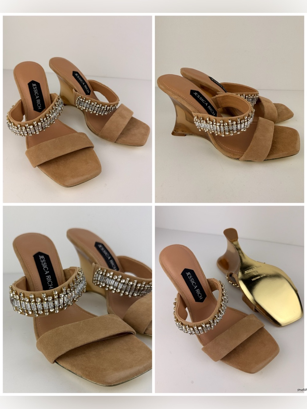 Jessica Rich Gem Wedge Nude Suede Crystal Embellished Heels EU 38 / US 8